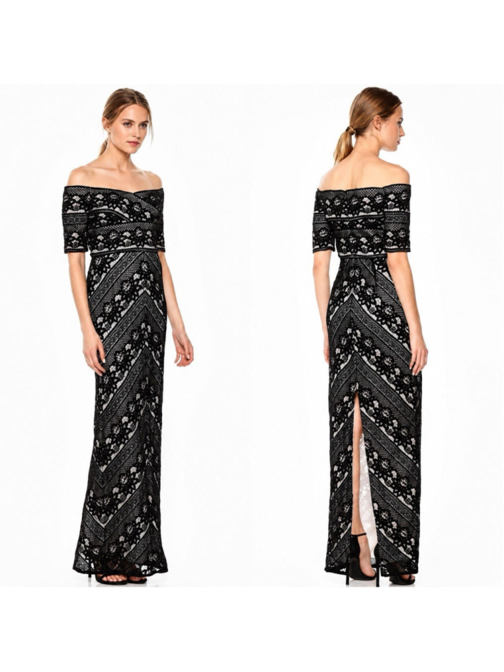 Adrianna Papell Illusion Lace Off The Shoulder Gatsby Art Deco Evening Gown 8